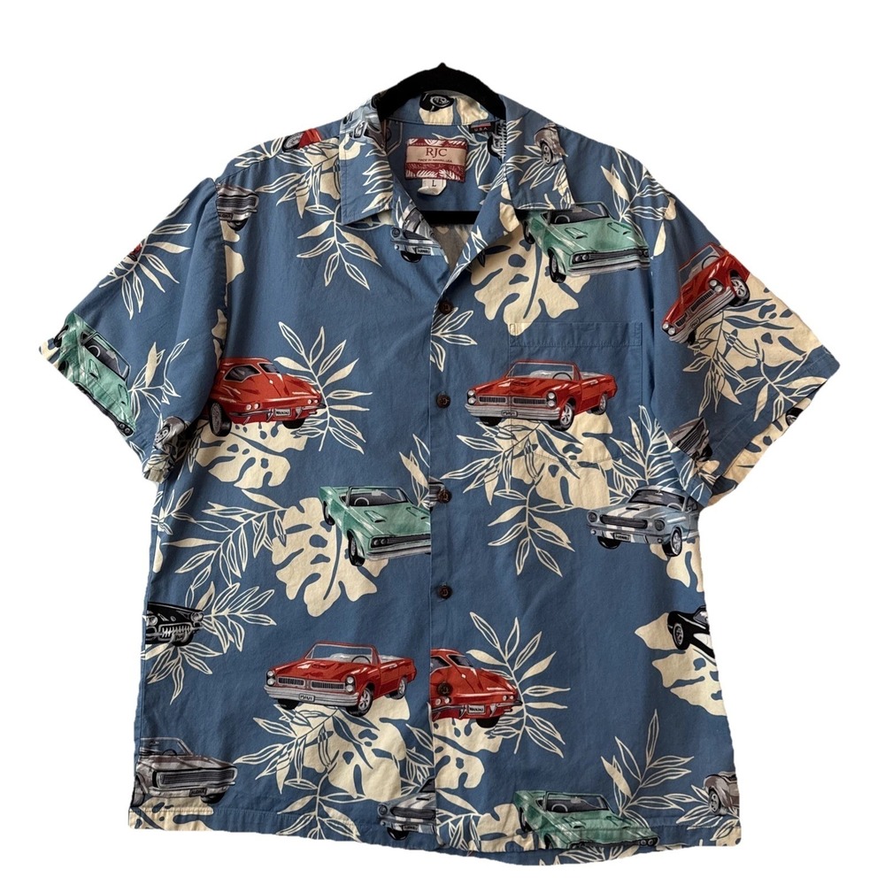 Hawaiian Muscle Car Short Sleeve Button Up Men's Shirt L Resort Retro Beach USA